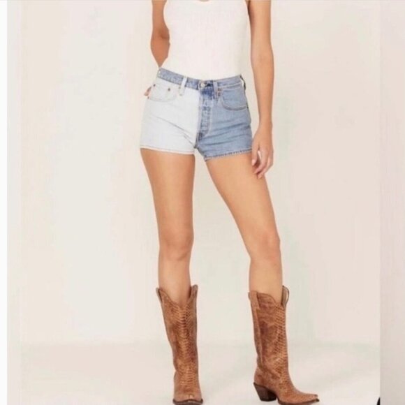 Levi’s 501 Sz 32 (14/15) Two Tone Denim Women’s Shorts Colorblock Stretch Light - Picture 1 of 10